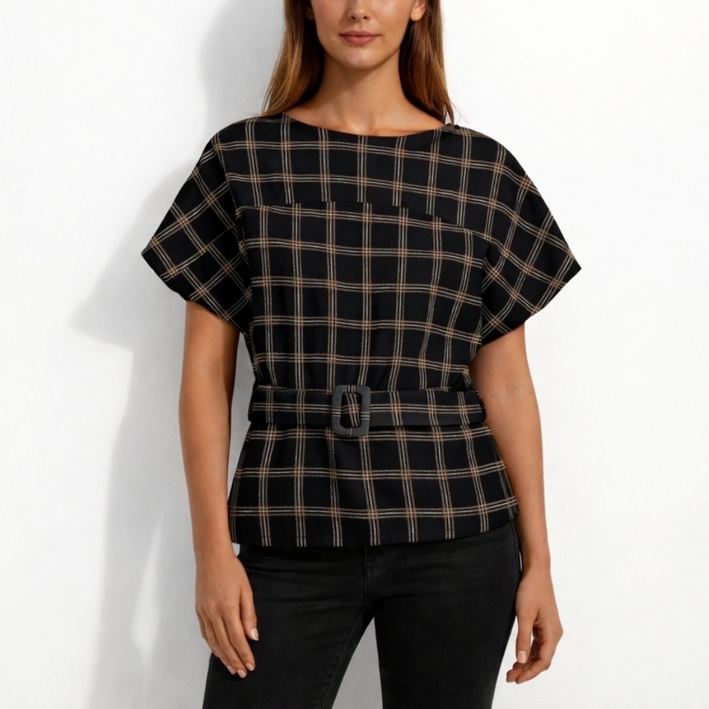 Zara Belted Plaid Top